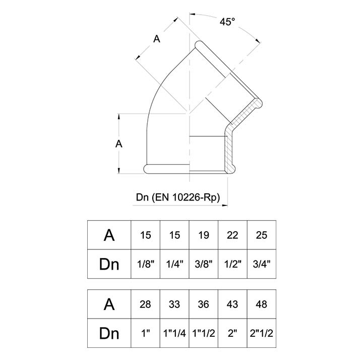 Rörvinkel 45G Invändig Gänga