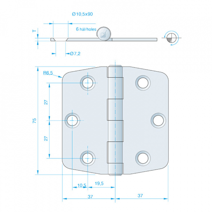 Gångjärn Rostfritt - 74x75 mm