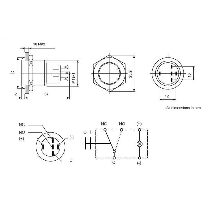 Momentanströmbrytare 12V 304 Rostfritt